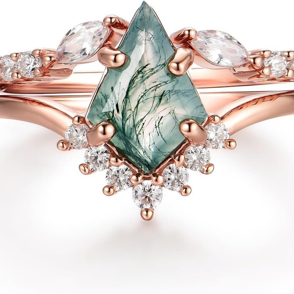Natural Moss Agate Silver Ring 7.5 Kite Cut Engagement Jewelry Gift